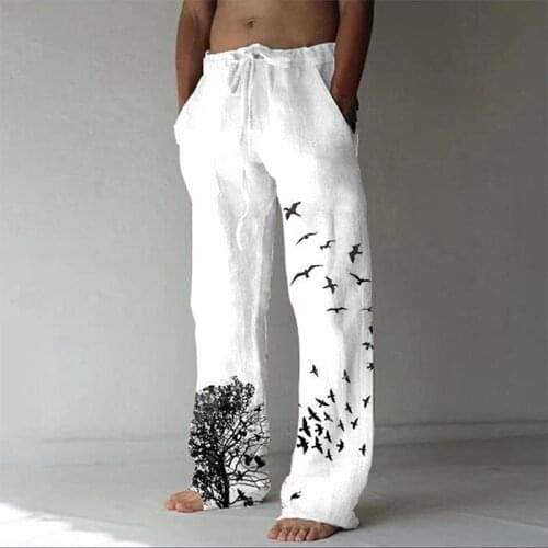 2021 Autumn Mens Vintage Pattern Print Long Pant Casual Pants Loose Mid Waist Drawstring Straight Trouser Men Spring Streetwear