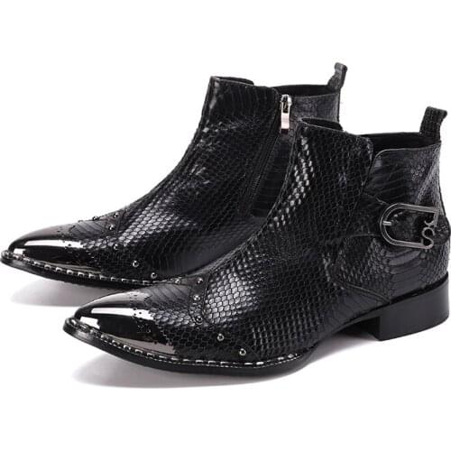 Autumn Men Pointed Short boots Serpentine Metal Rivet Cowhide Letter button Chelsea boots Model Formal wear Leather boots