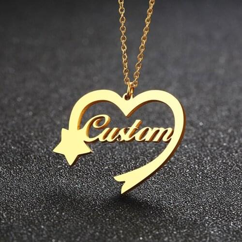 Personalized Name Big Heart Shape Necklace With Star Customized Stainless Steel Nameplate Pendant Necklaces For Party Gift