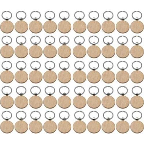 50Pcs Blank Round Wooden Key Chain Diy Wood Keychains Key Tags Can Engrave Diy Gifts