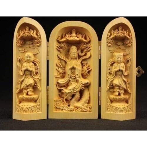 Rare Chinese Handwork Carved Boxwood LONG KWAN-YIN AMULET BOX STATUE wooden crafts home decoration