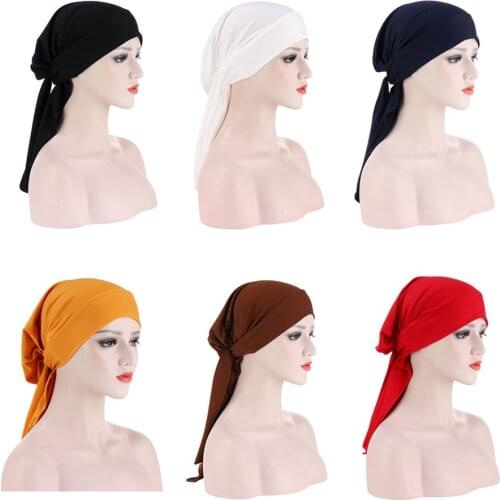 Women Muslim Hijab Cancer Chemo Hat Solid Color Turban Cap Cover Hair Loss Head Scarf Wrap Pre-Tied Headwear Strech Bandana Cap