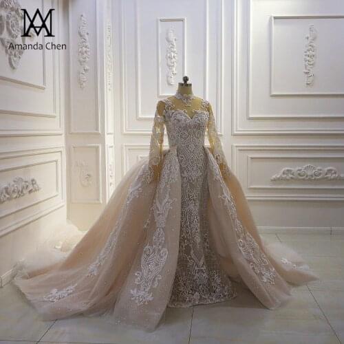 Robe de mariee 2020 Long Sleeve Lace Appliqued Champagne Detachable Skirt Wedding Dress