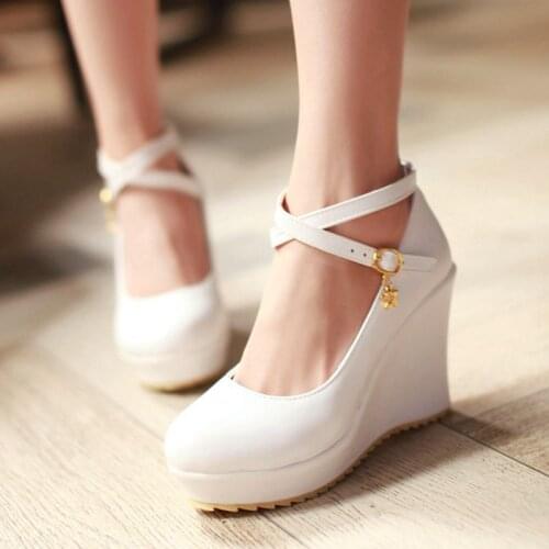 AGODOR Women Cross Criss Strap Pumps Wedges High Heel Platform Round Toe Pumps Casual Ladies Party Pumps Shoes Size 34-43