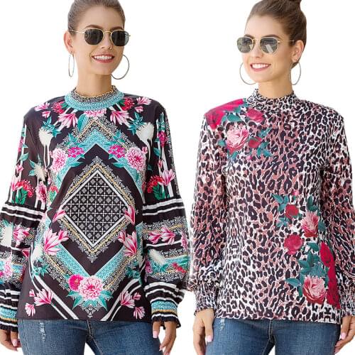 2021 Original Design of New Hot Style European Womens Printed Shirt with Lantern Sleeves and Standing Collar Tshirt Women