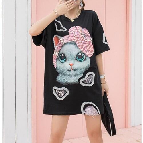 Beaded Cartoon Print Oversize Sequin Streetwear Lace O-Neck Short-Sleeve T-Shirt Female Thai Street Fashion Loose Cotton Tops