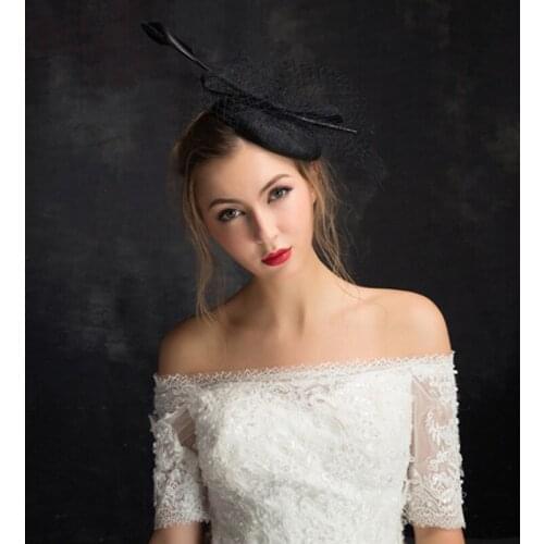 Hot Sale Black Feather Bow Hemp Bridal Hats Wedding Hat For Women Wedding Acsessoire for Hair Accesorios De Boda