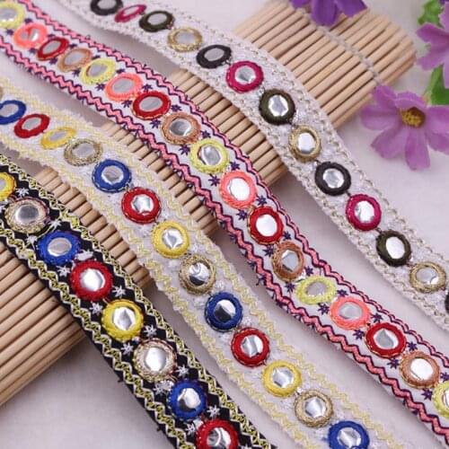 1Yards Mirror Ethnic Beaded Lace Trim Vintage Embroidered Lace Ribbon Lace Fabric Handmade Costume Sewing Clothing Accessories