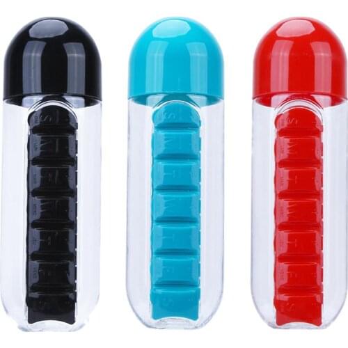 600ML Plastic 2 In 1 Combine Daily Pill Box Outdoors Drinking Bottles Cups