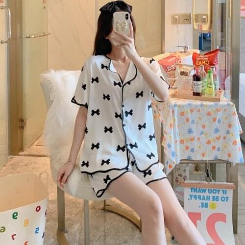 2021 Summer Silk Satin Short Sleeve Shorts Pajama Sets Women Bow Print Sleepwear Suit Pyjamas Homewear Pijama Mujer Home Clothes