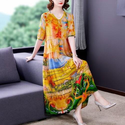 2021 Middle-Aged High-End Silk Crepe De Chine Dress Womens Loose Casua Korean Landscape Print Dress Plus Size Beach Robe zh1526
