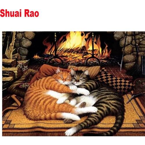 5d diy diamond painting fireplace cats hug full square round 3 d diamond embroidery art diamond mosaic animals home decor
