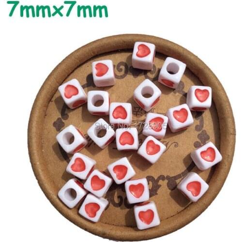 Red Heart Printed Letter/ Alphabet Cube Acrylic Heart Beads Fit Jewelry making 7mm, 1900Pcs