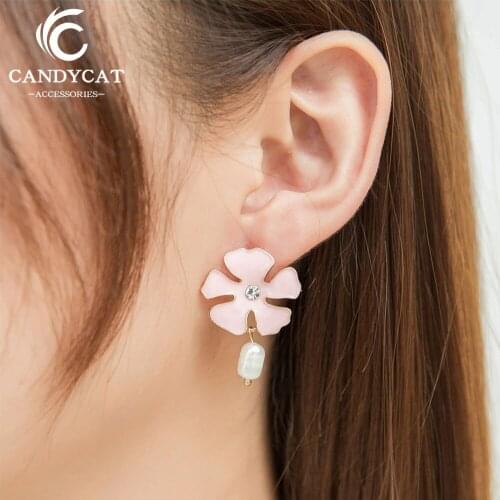 Korean Cute Flower Pearl Drop Earrings For Women Girls Crystal Rhinestone Pink Earrings Jewelry Gifts Pendientes Female Brincos