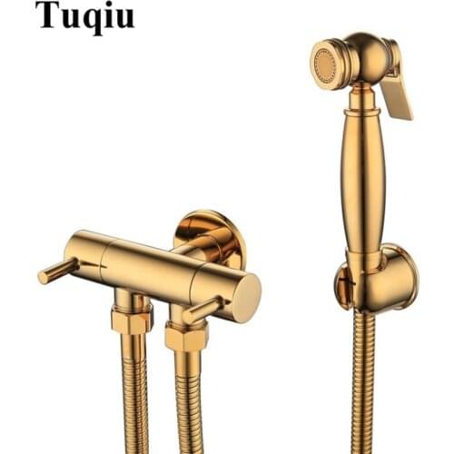 Gold Brass Bathroom Hand held Bidet Sprayer Faucet Spray Gun & Holder Hose Connector &1.5m Shower Hose with double use valve