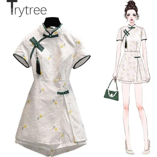 Trytree 2021 Summer Women Two Piece Set Casual Chinese Style Floral Tassel Split Hem Long Tops + Wide Legs Shorts 2 Piece Suit