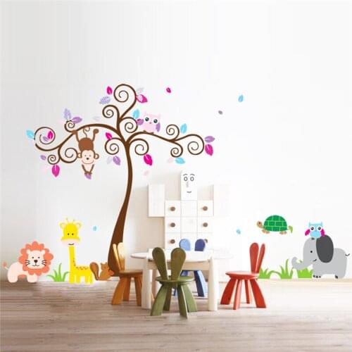 Cartoon monkey giraffe owl animals wall decals for kids room home wall art decor pvc posters diy stickers