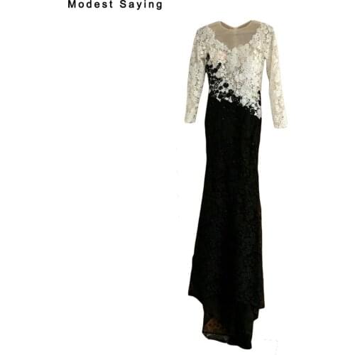 Real White and Black Mermaid Beaded Long Sleeve Lace Evening Dresses 2017 Formal Women Long Engagement Party Prom Gowns BE137