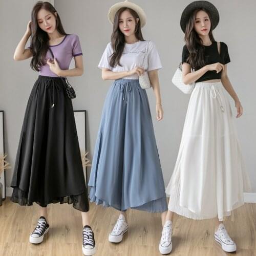 Summer New Women Pleated Chiffon Wide Leg Pants Fashionable High Waist Elegant Loose Elastic Waist Flare Pants Dress Black White