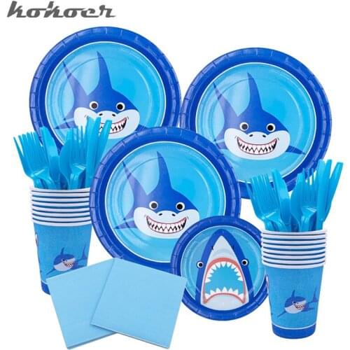 2020 new Baby Shower Boy Shark Birthday Party Supplies Baby Shark Disposable Plates/Cups/Paper Tablecloth Supplies Decor
