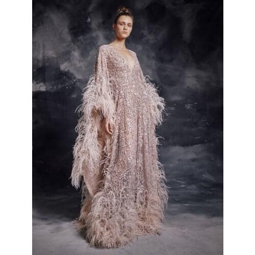 2020 Luxury Feather Prom Gowns Wrap Beaded Sequins Lace Applique Pink Cloth Party Dresses Evening Dresses