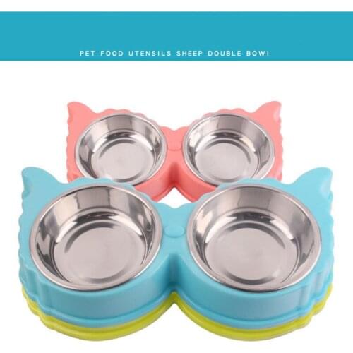 Pet Stainless Steel Anti drop bowl cartoon double bowl dog bowl cat basin rubber non slip pet bowl
