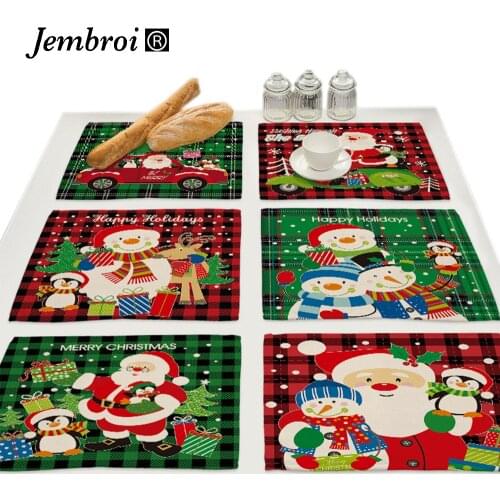 Xmas Kitchen Accessories Coasters Coffee Table Decor Christmas Gift Snowman Red Green Buffalo Plaid Faux Linen Placemats Pad Mat