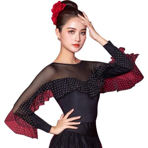 Ruffle Gauze Long Sleeve Shirt Modern Sexy Latin Dance Clothes Top for Women/Female Ballroom Tango Costumes Performance Wear