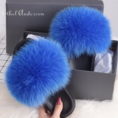Real Fox Fur Slippers New Rainbow Colors Fur Slides Lady Furry Sandals Fluffy Sandals Plush Shoes Fur Flip Flops Womens Summer
