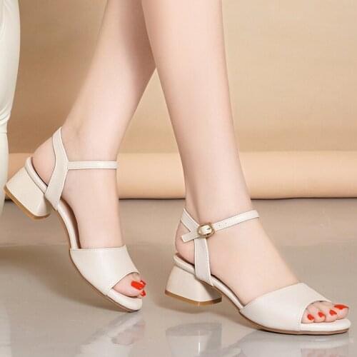 Women Genuine Leather Shoes Woman With Thick With The New Summer 2021 Joker Peep-toe Pumps Comfortable Summer Shoes