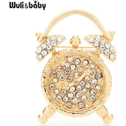 Wuli&baby Rhinestone Clock Brooches Women Unisex Timer Bell Office Party Brooch Pins Gifts