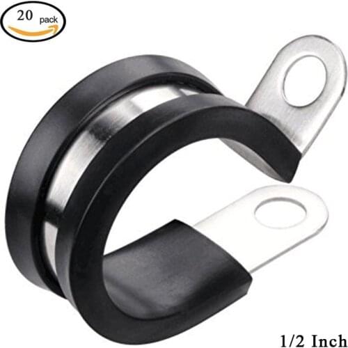 Cable Clamp 20 Pack 1/2 Inch Stainless Steel Cable Clamp Pipe Clamp Metal Clamp Rubber Cushioned (1/2 Inch) Rubber Insulated