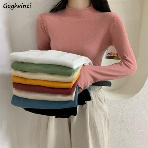 Women Long Sleeve T-shirts Turtleneck Edge Roll Knitted Solid Winter Underwear Korean Style Fashion All-match Chic Sweet Shaped