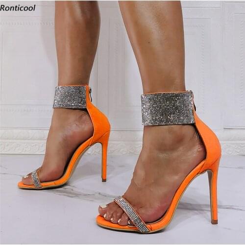 Ronticool Handmade Women Ankle Strap Sandals Rhinestone Back Zipper Stiletto Heel Open Toe 11 Colors Party Shoes US Size 5-15