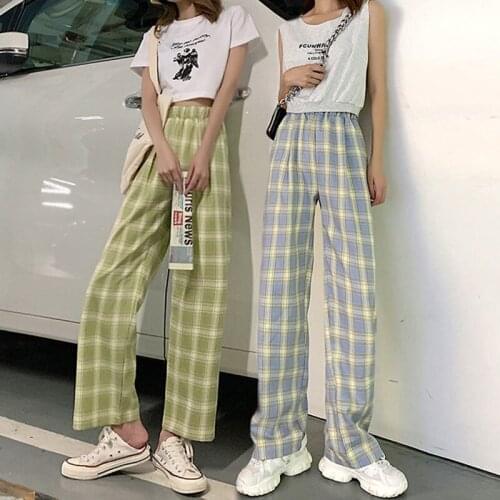 Womens Wide-Leg Pants 2021 New Thin Drooping Slimming High Waist Straight Loose Leisure Slimming Plaid Trousers