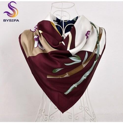 BYSIFA Ladies Twill Scarves Wraps Fashion Brand Silk Square Scarf Shawl 90*90cm Purple Bamboo Floral Design Top Grade Scarf Cape
