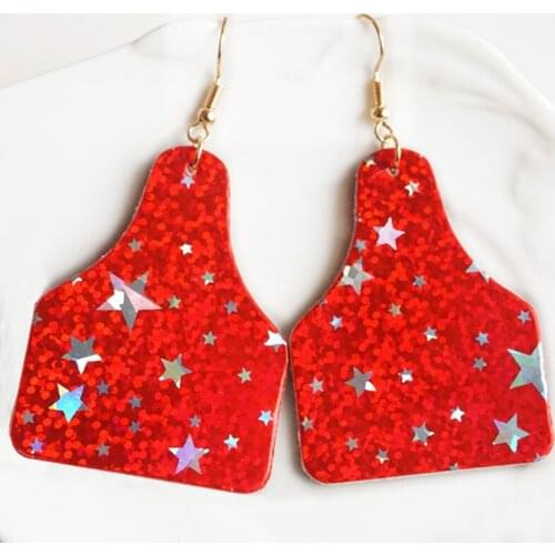 Glitter Leather Red Cow Tag Star Geometric Teardrop Dangle Drop Earrings for Women Newest Trendy Fashion Daily Accessories