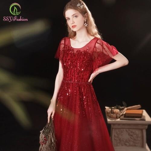 SSYFashion New Elegant Wine Red Evening Dress for Women Luxury Sequins Beading A-line Banquet Shining Formal Gowns Vestidos