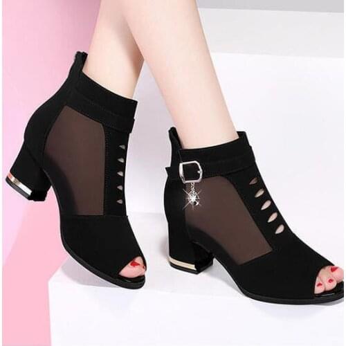 New Peep Toe Sandals Boots Women PU Leather Summer Mesh Shoes Low Heels Back Zip Female Footware BLACK Platform Shoes