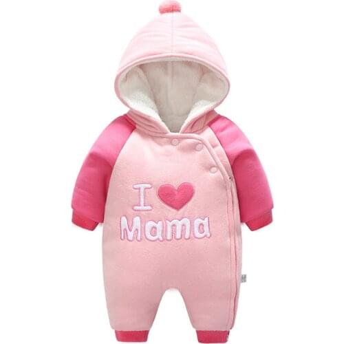 Autumn Winter Newborn Baby Girl Boy Long Sleeve Clothes I Love Mama Letter Print Hooded Baby Romper Jumpsuit Warm Infant Outware
