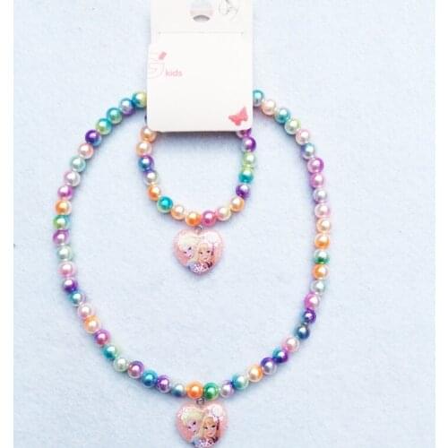 2pcs Disney Princess Cartoon Childrens Necklace Frozen Elsa Bracelet Accessories Girl Gift Jewelry doll cosmetic bangles