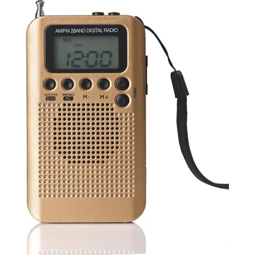 HRD-104 Portable AM/FM Stereo Radio Pocket 2-Band Digital Tuning Radio Mini Receiver w/ Earphone Lanyard 1.3" LCD Display Screen