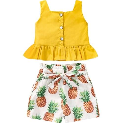 2Pcs Set Infant Kids Baby Girl Clothes Set Solid Color Sleeveless Tops and pineapple Printed Short Pants 1-5Y Summer