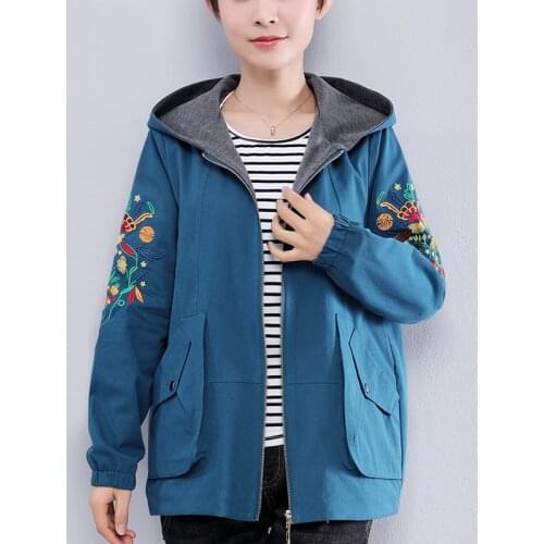 Hooded Short Jacket Loose Spring New Embroidered Zipper Short Coat Womens Clothing Plus Size M-4XL Coat Female Top Outerwear