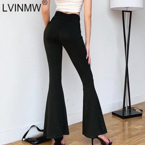 LVINMW Sexy High Waist Pleated Black Flare Pant 2020 Autumn Women Pants Slim Fashion Elegant Solid Casual Bottoms Streetwear