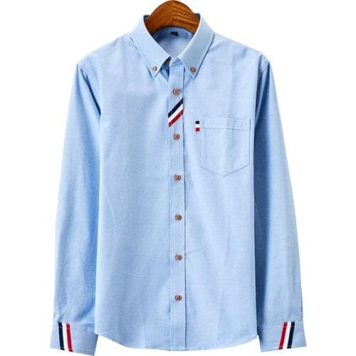 Mens clothing Casual Solid Oxford Dress White Shirt Single Patch Pocket Long Sleeve Regular-fit Button-down Thick Shirts