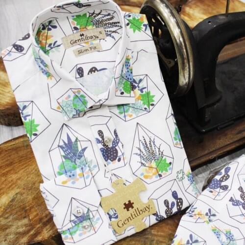 Gentilbay Mens Pattern Digital Printed Aqua Green Slimfit Long-Sleeve Sport Shirt DPD129