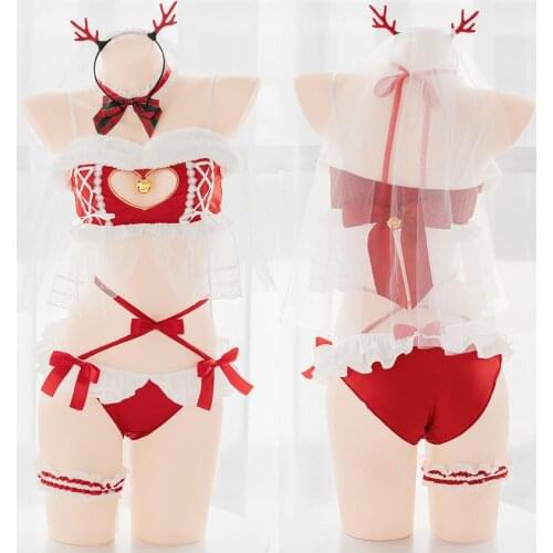 Underwear Cosplay Party Christmas Deer Sexy Women Christmas Red Lingerie Set Cute Lolita Plush Trim Sweet Love Hollow out Bell