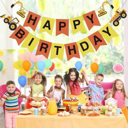 New Happy Birthday Banner Construction Vehicle Paper Flags Garland for Baby Shower Birthday Party Decoration for Kids