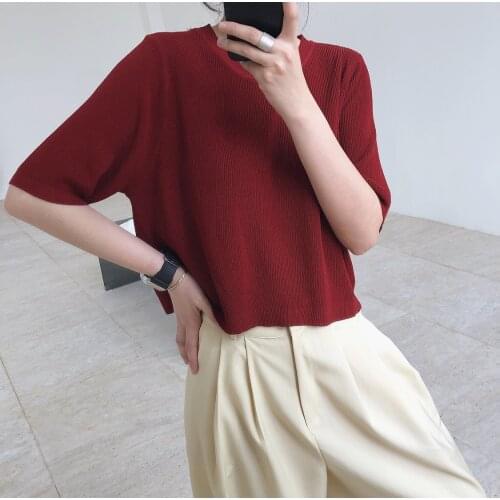 New simple ins fashionable round collar ice silk knitted high waist short sleeve T-shirt loose slim versatile short women 0714